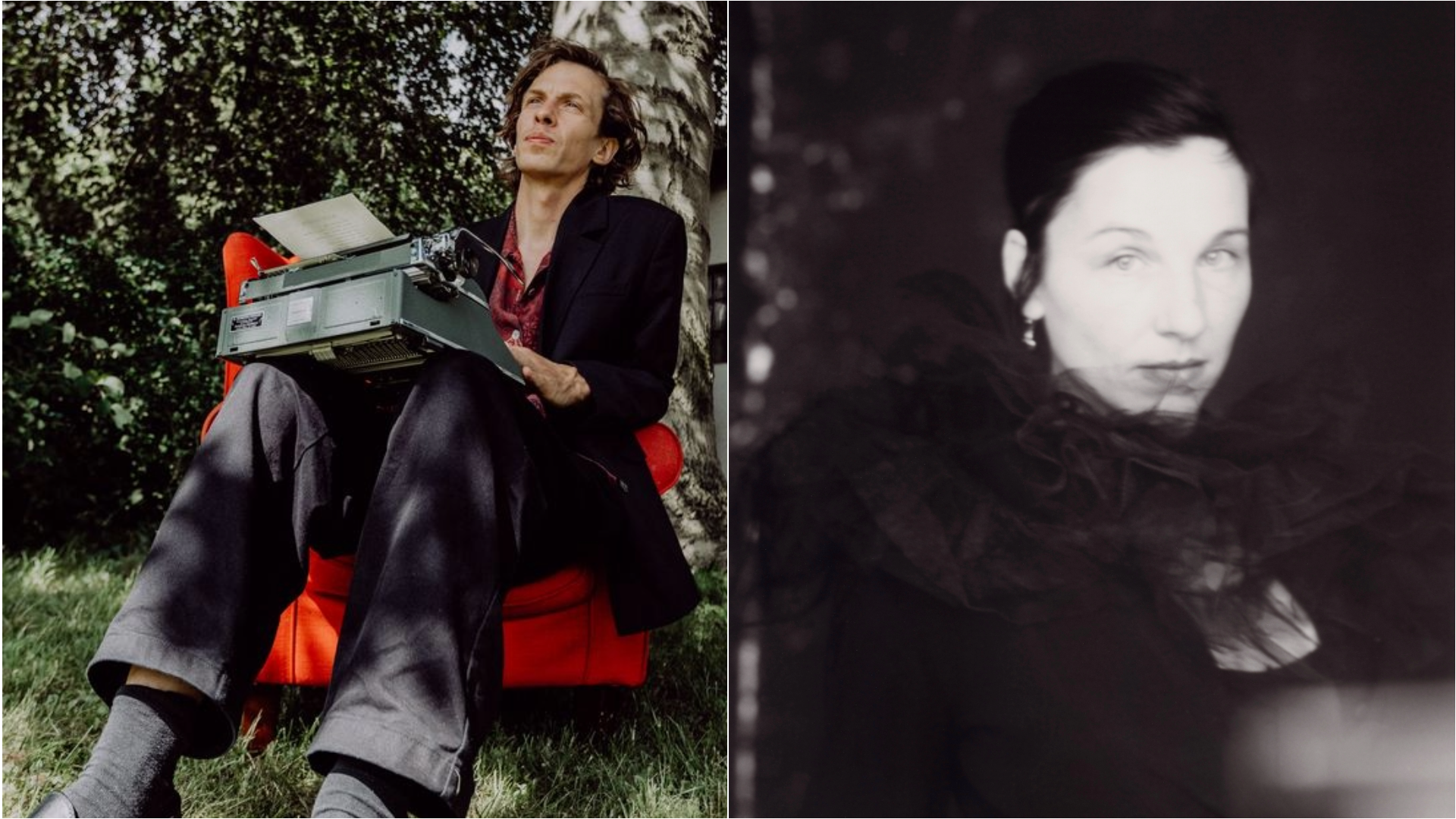 Links sitzende Person mit Schreibmaschine auf dem Schoß in einem roten Sessel im Freien rechts unscharfe schwarz-weiße Porträtaufnahme einer Person