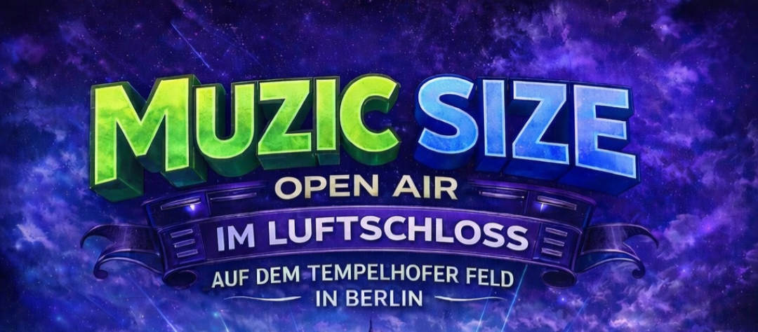 Bunte Schrift mit dem Text 'MUZIC SIZE OPEN AIR IM LUFTSCHLOSS AUF DEM TEMPELHOFER FELD IN BERLIN' vor lila-blauem Himmelshintergrund